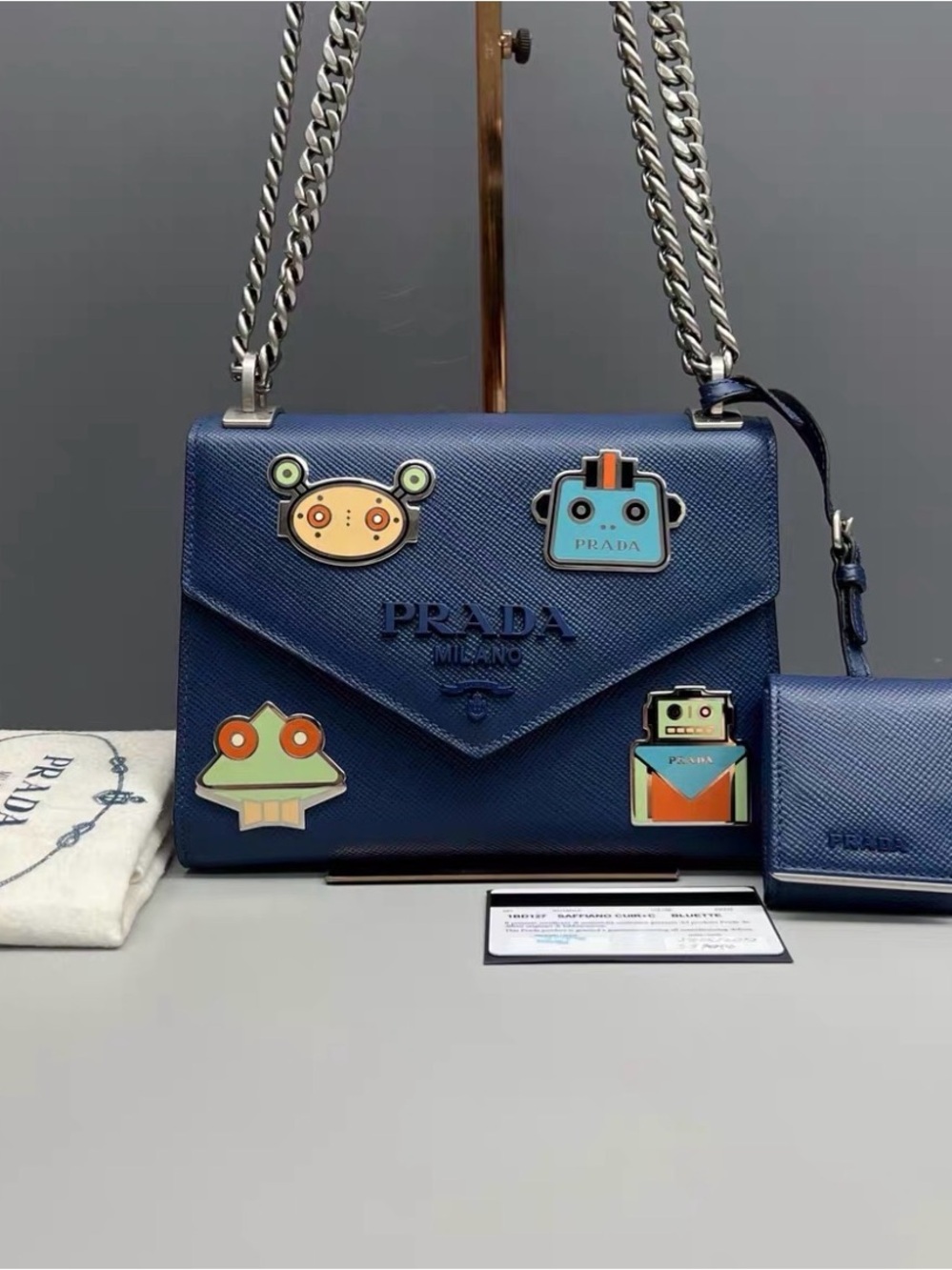 Prada Navy Blue Saffiano Leather Shoulder Bag with Robot and Frog Appliqués
